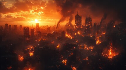 Burning city in flames at night, dramatic apocalyptic skyline with fiery smoke, ruined buildings, and intense destruction