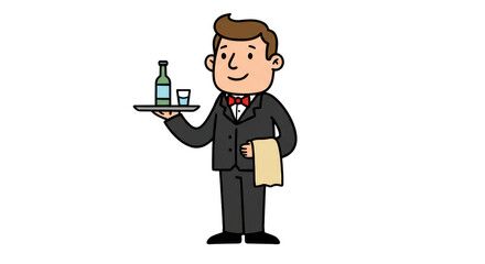 Cartoon Waiter Serving Drinks on Tray Illustration