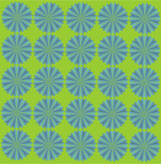 Radiant blue floral bursts pulse across a neon green backdrop, forming a vivid geometric garden of symmetry, energy, and visual rhythm.
