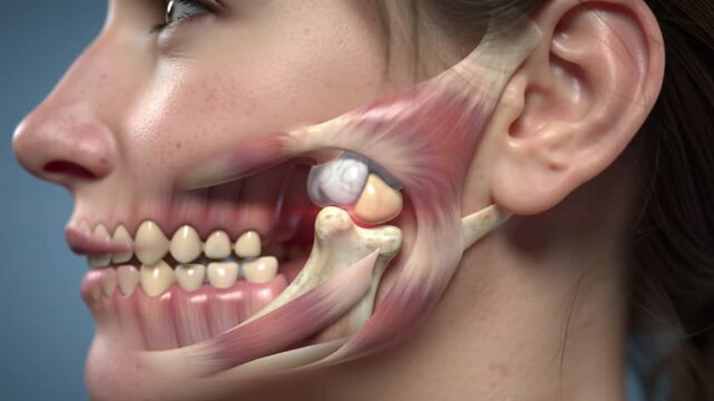 Close-up 3D animation of a TMJ disorder showing disc displacement. Medical, anatomy, dental concept.