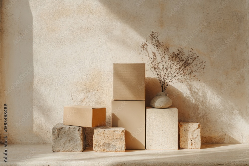 Poster soft shadows play across minimalistic shapes, creating serene at