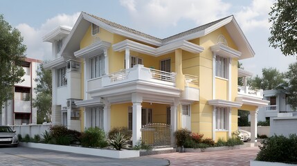 A bright yellow modern house with white trim and balconies surrounded by lush greenery and a paved driveway with a car
