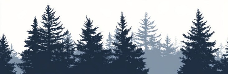 Modern illustration of a winter Christmas forest featuring fir trees in silhouette, set against a layered coniferous forest panorama and forest silhouette landscape
