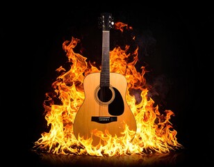 Acoustic guitar engulfed in flames