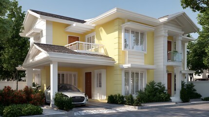 Modern two story yellow house with white trim a covered carport a balcony and lush green landscaping under a clear blue sky