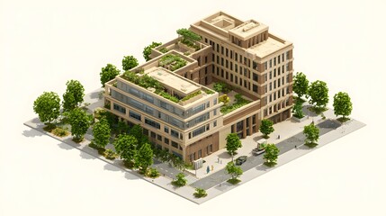Modern architectural building with green rooftop gardens and surrounding trees showcasing urban greenery and sustainable design elements