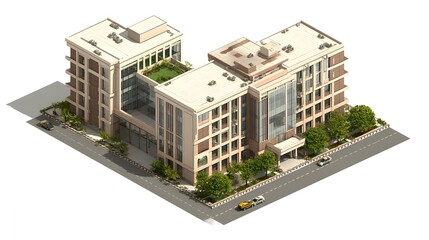 Modern multi story office building with glass facade and rooftop garden on a white background with cars on the street