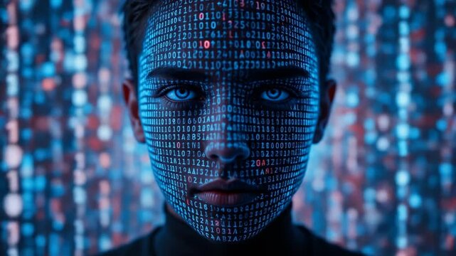 Human-computer interaction concept - HCI. A person with binary code projected onto their face, an intimate interaction between humans and digital technology in the digital world. 4k video