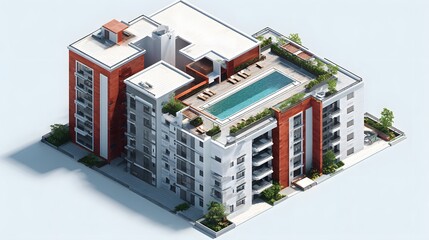 Modern apartment building with rooftop swimming pool and lounge area featuring luxury amenities and green spaces
