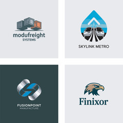 Four distinct logo designs featuring shipping containers metro train eagle and abstract shape freight