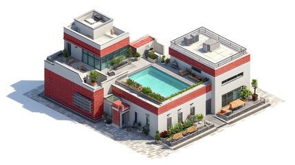 Modern isometric architectural rendering of a multi level building with a rooftop swimming pool lush greenery outdoor seating and red brick accents