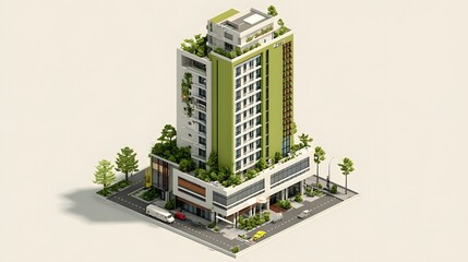 Modern isometric view of a tall green building with rooftop gardens and surrounding trees showcasing urban greenery and contemporary architecture