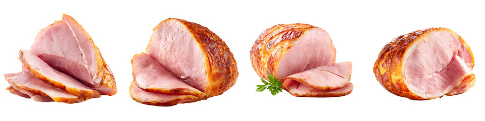 Obraz premium Delicious Sliced Ham Collection Isolated on White Background