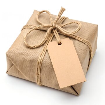 A rustic brown paper package tied with natural twine and featuring a blank gift tag rests isolated on a pure white background.