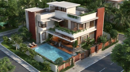 Modern luxury villa with a swimming pool and lush green landscaping featuring brick accents and multiple levels of balconies