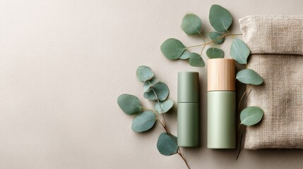 Cosmetic bottles with eucalyptus flowers towels and linen on pastel background top view flat lay natural organic skincare and spa concept perfect for beauty product branding body care wellness design