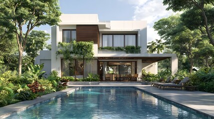 Luxurious modern villa with a sparkling swimming pool surrounded by lush tropical greenery and mature trees on a sunny day