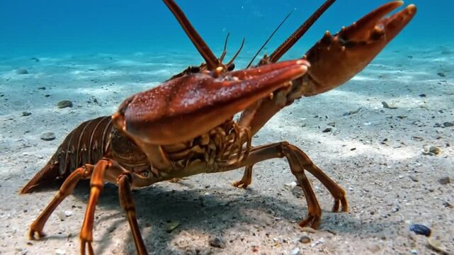 Close up of a spiny lobster crawling on the sandy ocean floor in clear blue water near the surface