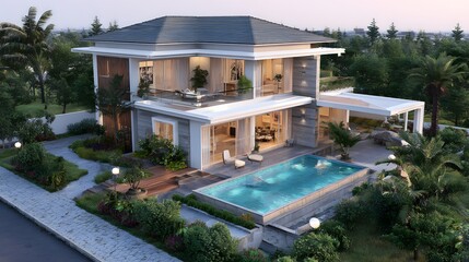 Luxurious modern multi story villa with a swimming pool and lush green landscaping at dusk