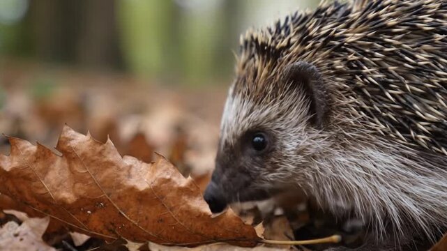 A close up of a hedgehog on fallen leaves in a forest during the autumn season with blurred background