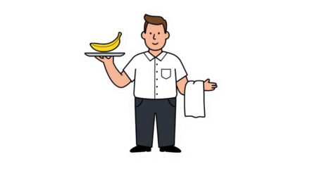 Friendly Cartoon Waiter Serving a Banana on a Tray
