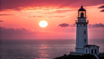 A beautiful white lighthouse bravely stands guard by the serene ocean as the sun beautifully sets, painting the sky with pink and orange light.