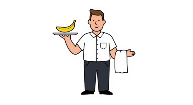 Friendly Cartoon Waiter Serving a Banana on a Tray