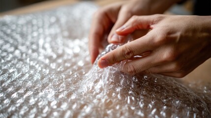 Hands gently manipulating bubble wrap