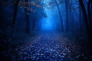 Naklejka premium A mystical forest with a pathway ahead, characterized by its beauty, fog, and autumnal ambiance, features a footpath surrounded by tall trees with yellow leaves