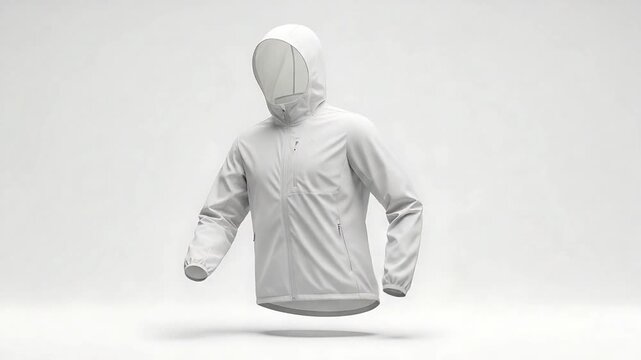 Minimalist White Hooded Jacket Floating in a Minimal Environment with Modern Design Features