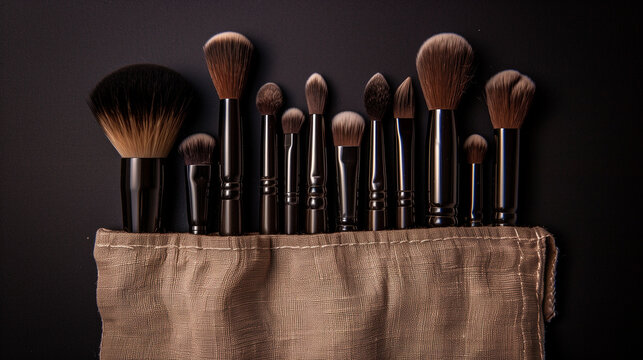 makeup brush set, black brushes, linen pouch, dark background, cosmetic tools, beauty accessories, professional makeup brushes, elegant flat lay, makeup kit, brush pouch, high-end beauty tools, luxury - Powered by Adobe