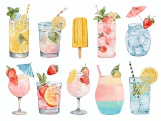 Colorful collection of refreshing summer cocktails. Vibrant array of mixed drinks, including margaritas, daiquiris, and other fruity concoctions. Perfect for a party or social gathering