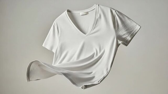 Minimalist Floating White V-Neck T-Shirt on Neutral Background for Fashion Display