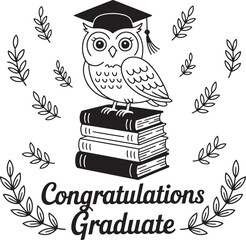 Obraz premium Congratulations Graduate Owl on Books Illustration Academic Achievement with Foliage on Transparent Background for Design