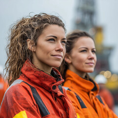 Two women wearing orange jackets stand next to each other. They are smiling and looking at the camera