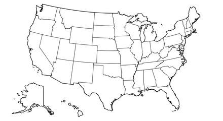 Detailed blank outline map of the United States, showcasing all 50 states including Alaska and Hawaii, perfect for educational labeling and geography practice.