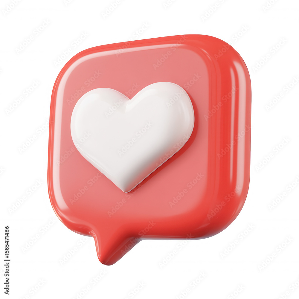 Poster red 3d icon rounded square a bubble with white heart expressing love and affection on speech transpa