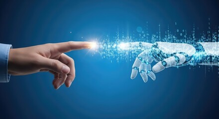 Human finger touches robot hand amidst flowing digital binary code