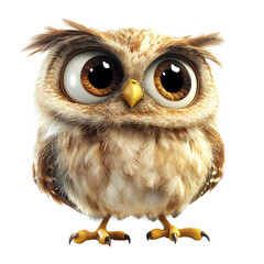 Obraz premium Cute cartoon owl with big golden eyes and fluffy feathers, curious and wise woodland bird character isolated on white background