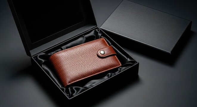 Luxurious brown leather wallet presented in a sleek black gift box