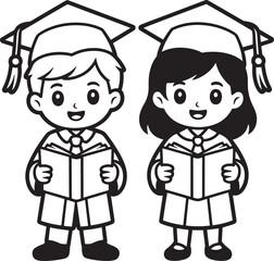 Graduation Day Duo A Pair of Young Graduates Holding Books in Caps and Gowns Line Art Illustration on Transparent Backdrop