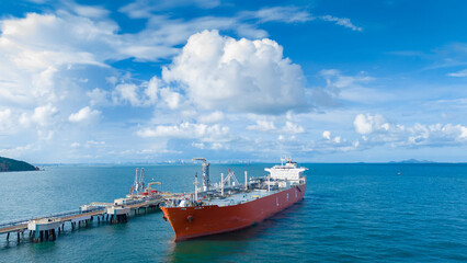 Plakat Oil tanker ship. Red Oil Tanker runing in the ocean sea. petroleum ship transportation import export fuel energy across red ocean sea. Vessel transport Gas to customs.