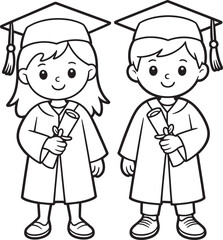 Graduation Kids Holding Diplomas Wearing Gowns and Caps Education Achievement Vector Illustration Line Art Design