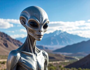 Alien figure in a mountain landscape