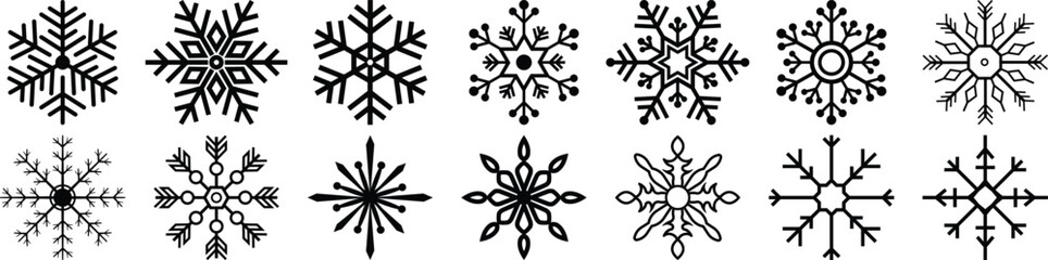 Collection of Unique Black Snowflake Designs – Vector Set of Snowflake Winter Decor