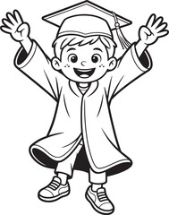 Joyful Graduate A Cartoon Boy in Graduation Gown with Arms Raised Line Art Illustration on Transparent Background