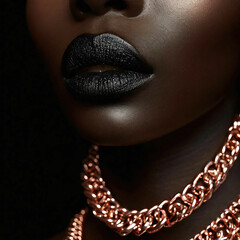 Beautiful, contrasting combination: stunning gold chain on a dark-skinned girl, bold advertising, statement jewelry concept for a modern, jewelry style