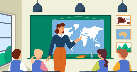 Classroom with students and teacher. Classroom interior.  Children listen to teacher. Geography lesson. Education vector illustration.