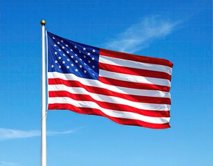 American flag waving in blue sky