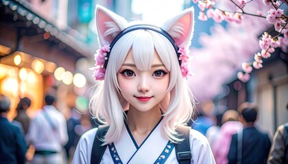 Anime girl with cat ears in city